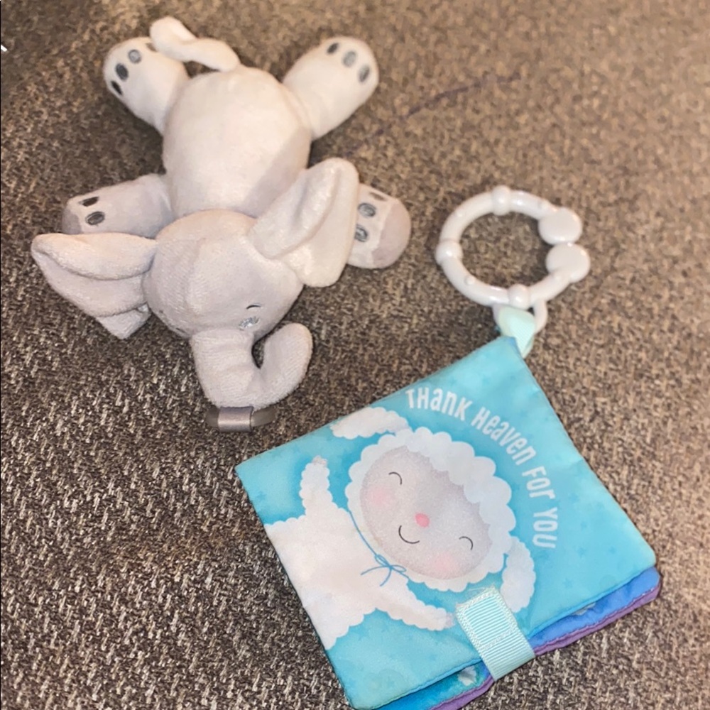 GUC. Phillips AVENT Elephant pacifier holder & Baby sensory hallmark book & toy!